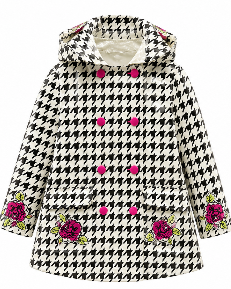 Houndstooth patterned coat with floral embellishments on a white background