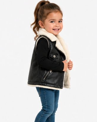 Child wearing a black leather jacket with white fur lining on a white background