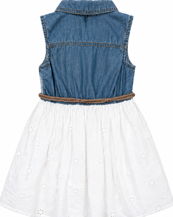 A sleeveless children's dress shown from the back, featuring a blue denim vest upper section, a brown rope-style waistband, and a white eyelet skirt.