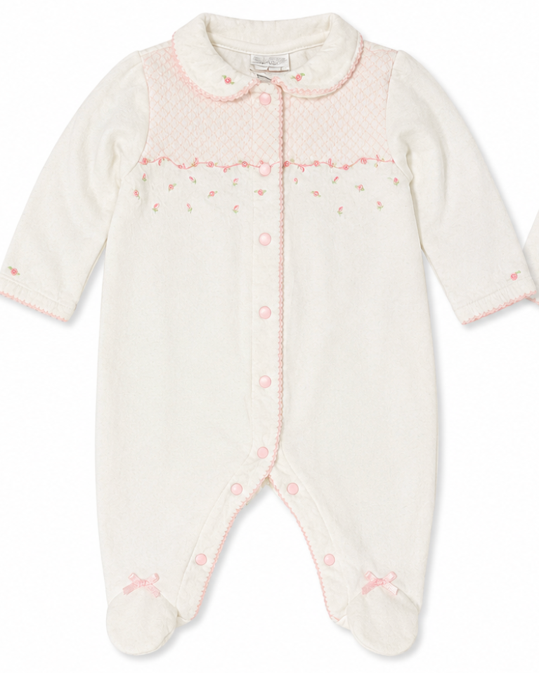 Baby onesie with pink floral pattern on a white background