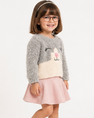 Child wearing a gray sweater with a cat design and a pink skirt on a white background