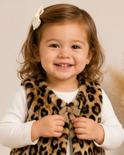Child wearing a leopard print vest with a white shirt, holding a bow, against a neutral background.