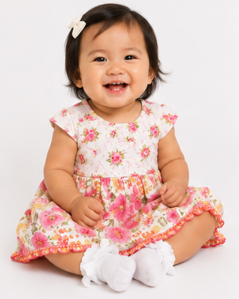 Baby wearing a floral dress sitting on a white background