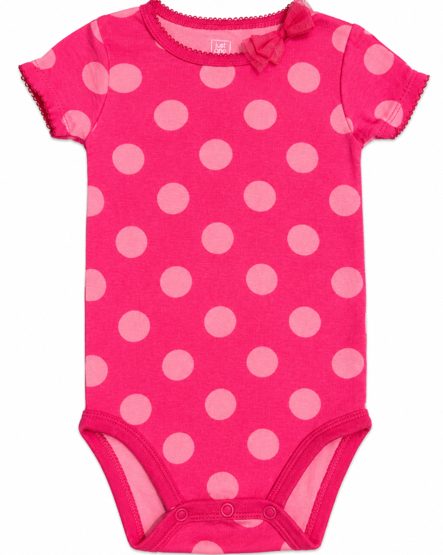 Pink baby bodysuit with light pink polka dots on a white background