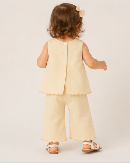 Child wearing a light yellow outfit with a plain background