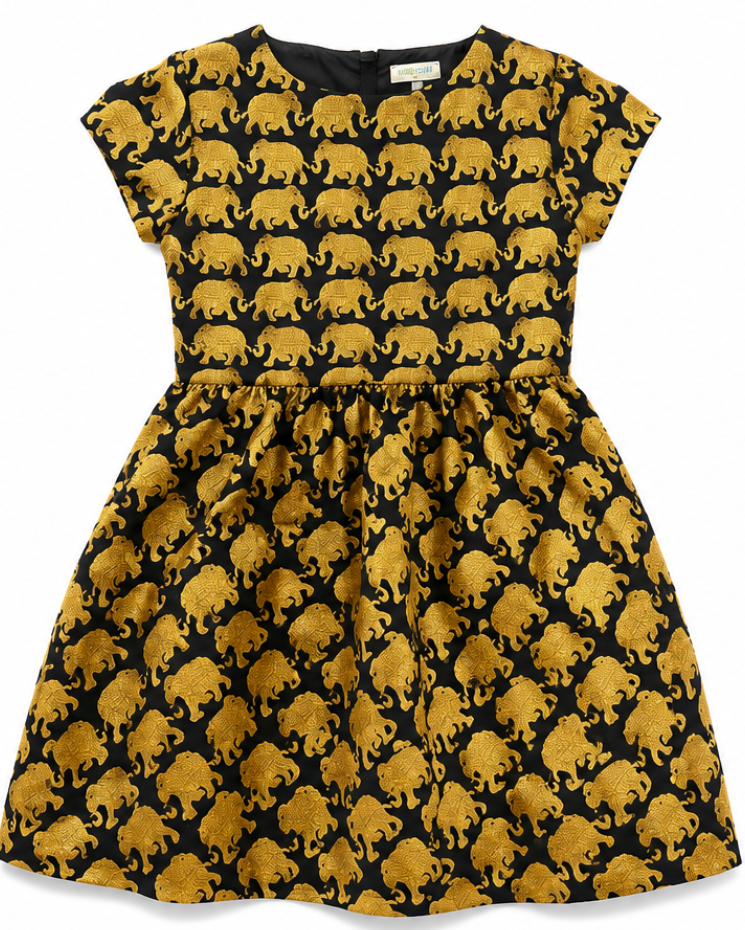 Dress with gold elephant pattern on a black background