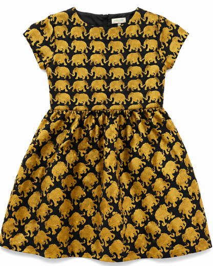 Dress with gold elephant pattern on a black background
