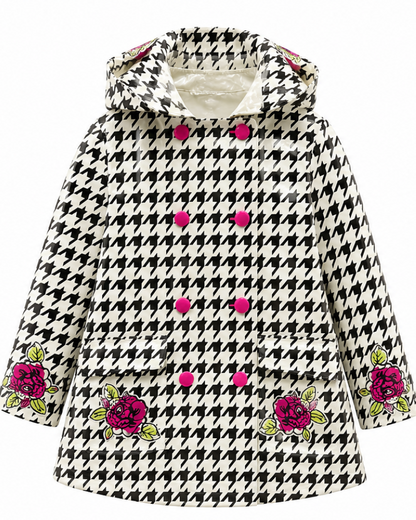 Houndstooth patterned coat with floral embellishments on a white background