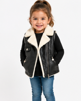 Child wearing a black leather jacket with white fur lining on a white background