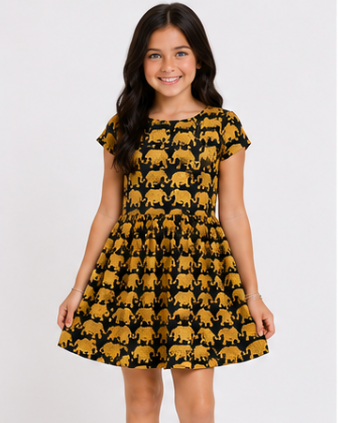 Young girl wearing a black dress with gold elephant pattern on a white background