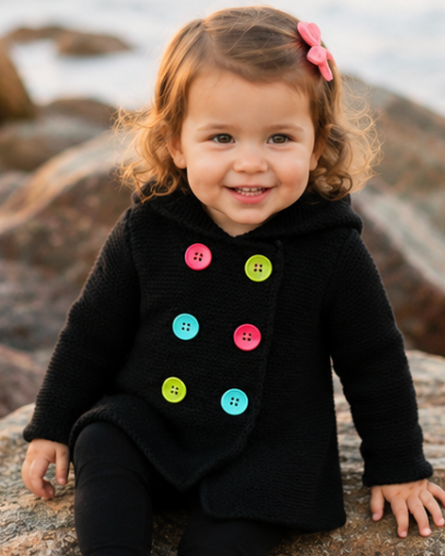 Child wearing a black sweater with colorful buttons sitting on rocks by the water.