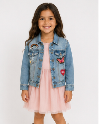 Young girl wearing a pink dress, denim jacket with patches, and brown boots on a white background