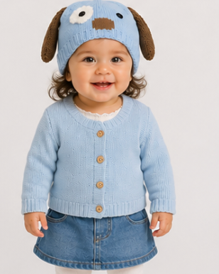 Child wearing a blue sweater, denim skirt, and matching hat with a dog design on a white background