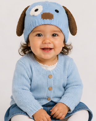 Child wearing a blue knitted outfit with a dog-themed hat on a white background