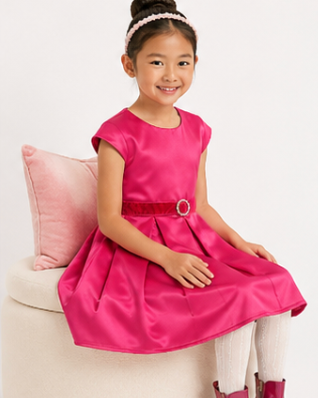 Young girl in a pink dress sitting on a white chair with a pink pillow.