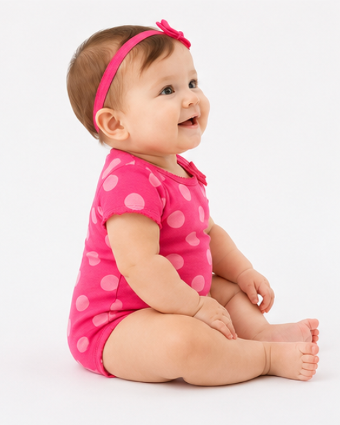 Baby wearing a pink polka dot outfit with a headband on a white background