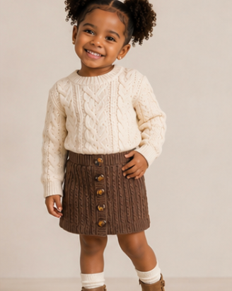 A young child with curly hair wearing a cream cable-knit sweater and a brown button-front skirt, standing against a plain light beige studio background.