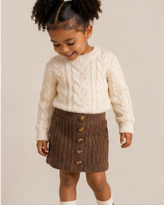A young child wearing a cream cable-knit sweater and a brown cable-knit mini skirt with gold buttons, standing against a plain light beige background.