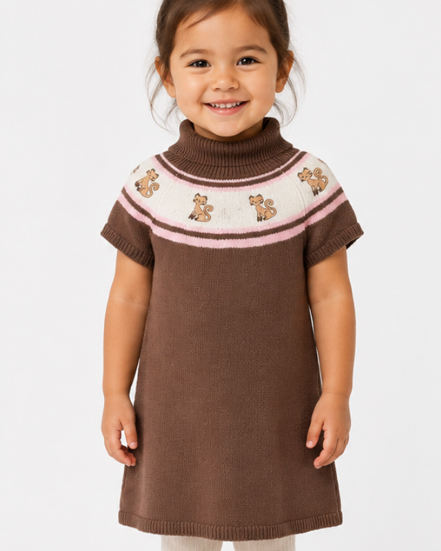 Child wearing a brown dress with pink and white on a white background