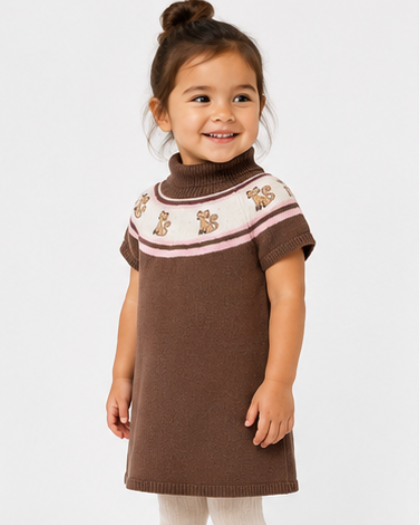 Young girl wearing a brown dress with embroidered details on a white background