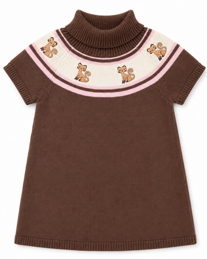 Brown sweater dress with fox designs on a white background