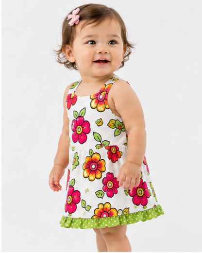 Child wearing a colorful floral dress on a white background