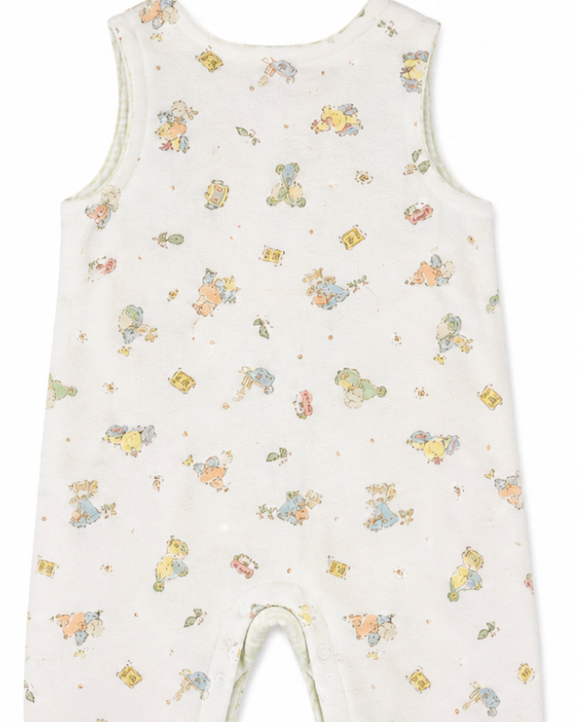 Baby romper with teddy bear pattern on a white background