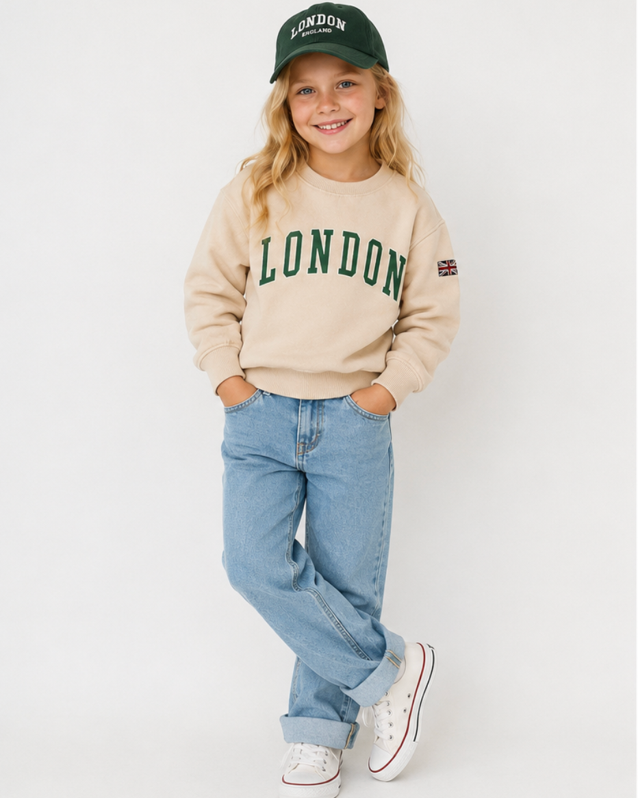 Child wearing a 'London' sweatshirt and jeans with a white background