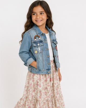 Young girl wearing a denim jacket with rainbow and cloud patches on a white background