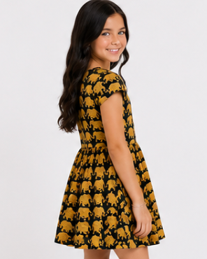 Girl wearing a patterned dress on a white background