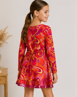 Young girl wearing a vibrant patterned dress against a plain background