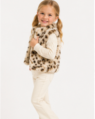 Young girl wearing a patterned vest, white sweater, beige pants, and brown shoes on a white background