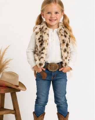 Young girl in cowboy outfit with fur vest, jeans, and boots on a white background