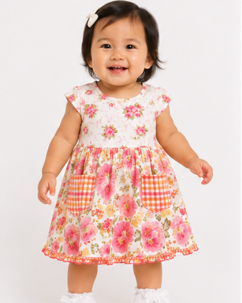 Baby wearing a floral dress on a white background