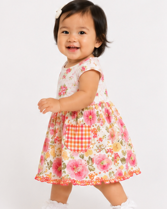 Baby wearing a floral dress with a pocket on a white background
