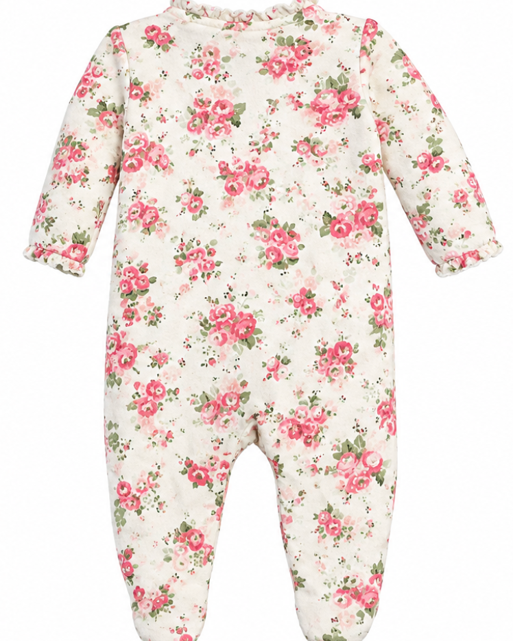 Vintage-Inspired Pink Floral Footed Baby Onesie with Ruffle & Bow Details