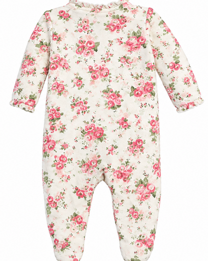Vintage-Inspired Pink Floral Footed Baby Onesie with Ruffle & Bow Details