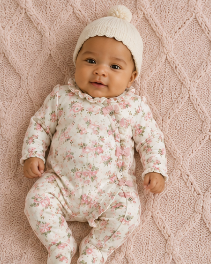 Vintage-Inspired Pink Floral Footed Baby Onesie with Ruffle & Bow Details