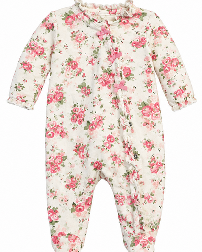 Vintage-Inspired Pink Floral Footed Baby Onesie with Ruffle & Bow Details