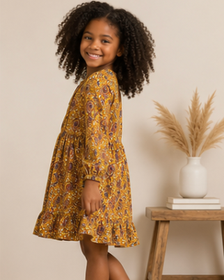Young girl in a floral dress standing in a room with a wooden table and decorative items.