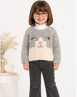 Child wearing a gray sweater with a cat face design on a white background