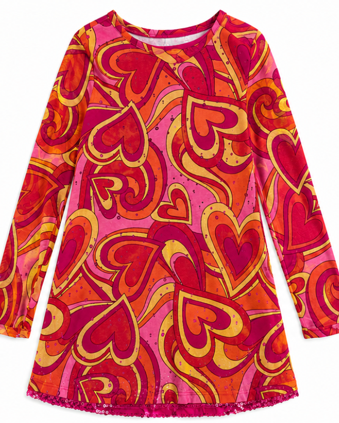 Colorful heart-patterned dress on a white background