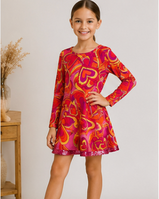 Young girl wearing a vibrant, patterned dress against a plain background