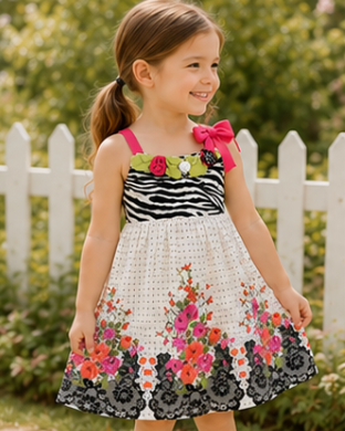 Young girl wearing a floral dress with a zebra-patterned top, standing outdoors.