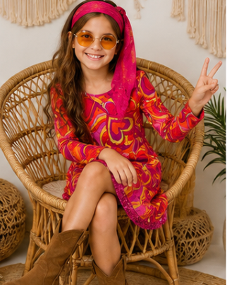 Young girl in a colorful dress and brown boots sitting on a wicker chair, smiling and giving a peace sign.