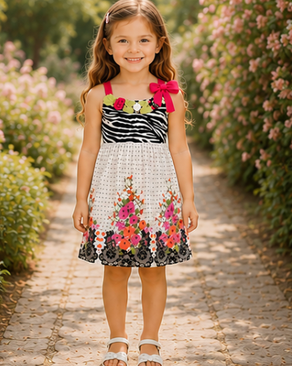 Young girl in a colorful dress standing in a garden with pink flowers.