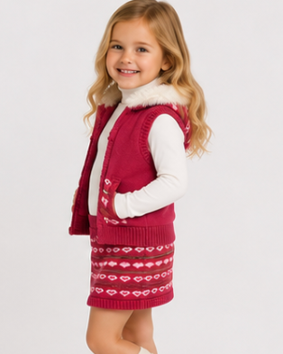 Young girl wearing a red patterned vest, white shirt, and brown boots on a white background
