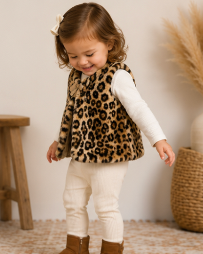 Child wearing a leopard print vest in a home setting