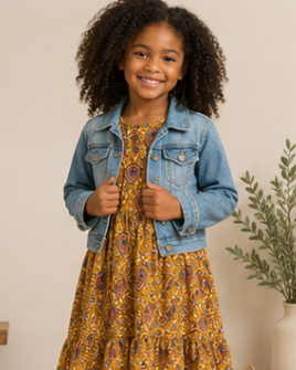 Young girl wearing a yellow floral dress with a denim jacket and brown boots, standing indoors.
