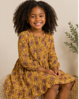 Young girl in a yellow floral dress sitting on a woven ottoman with a neutral background